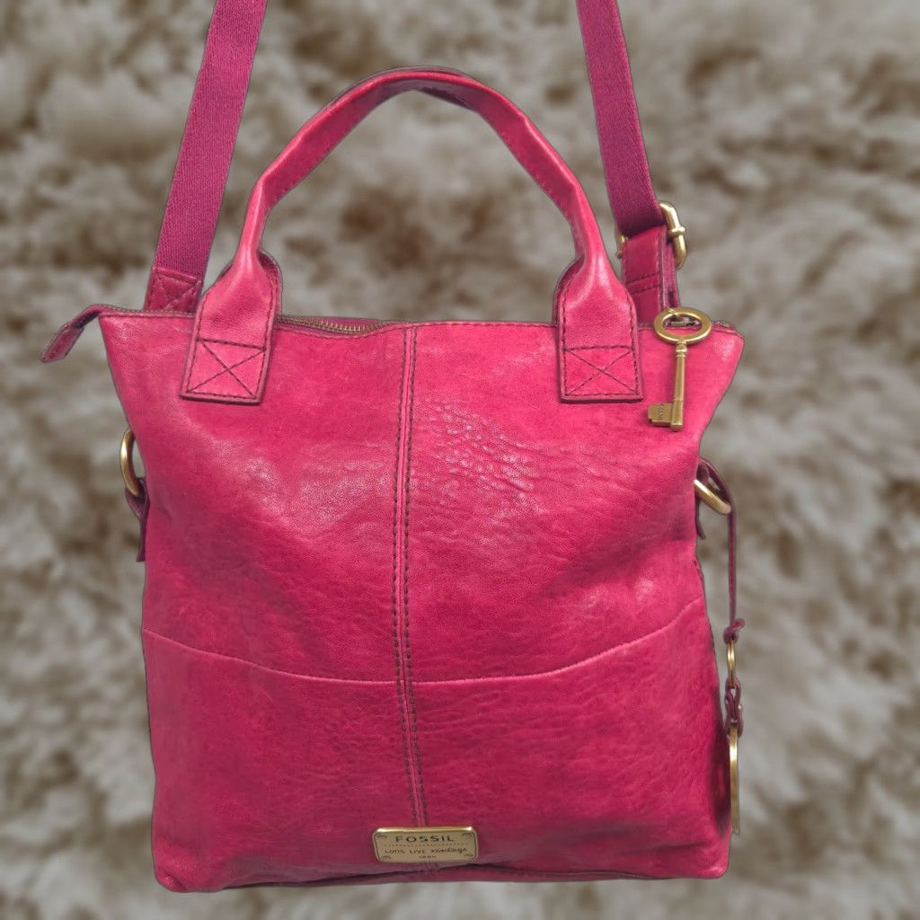 Fossil Berry Red Leather Tote Crossbody Bag Medium Convertible Slouchy Boho Womens