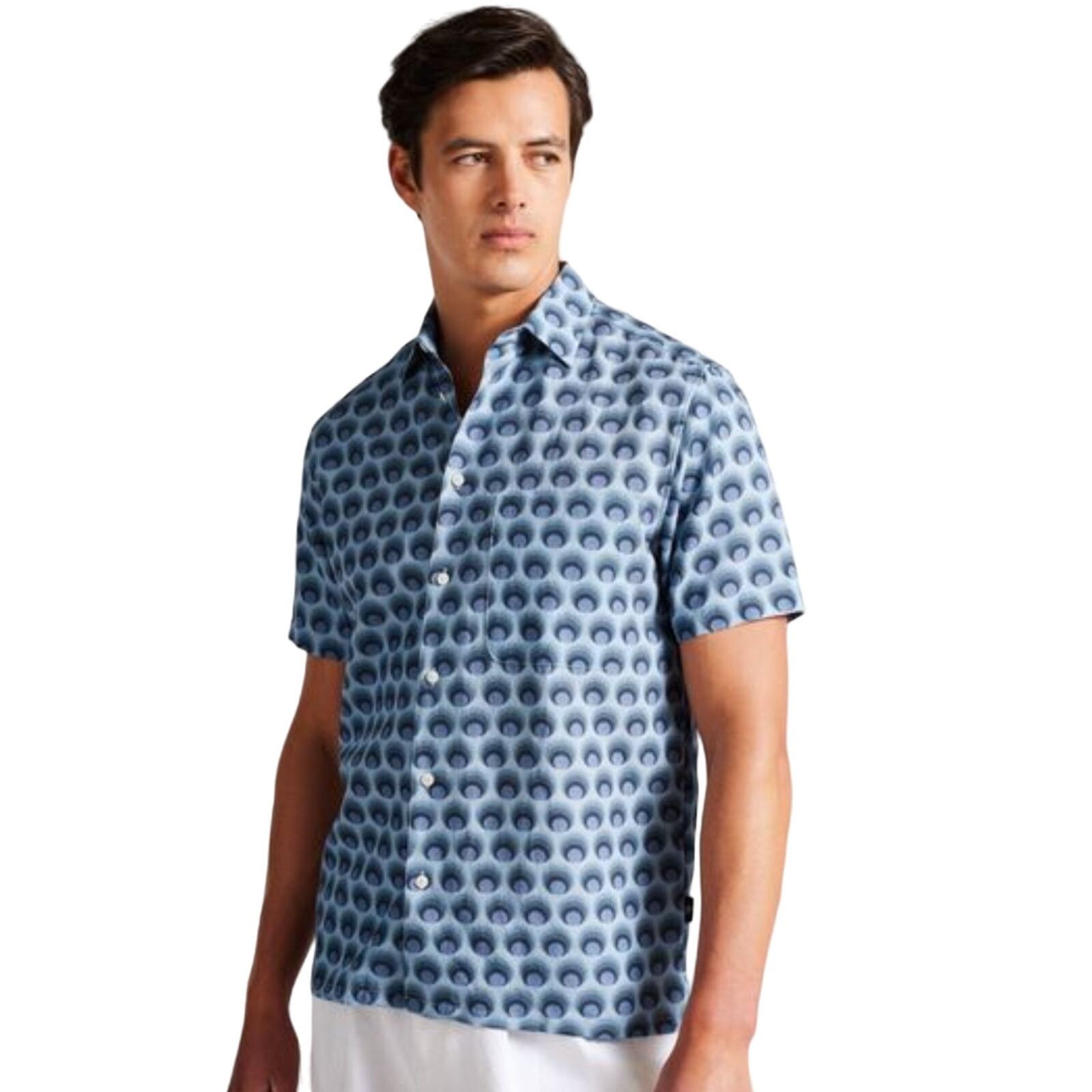 Selling NWT Ted Baker Mens Short Sleeve Navy Blue Geo Birds Print Shirt Size 3