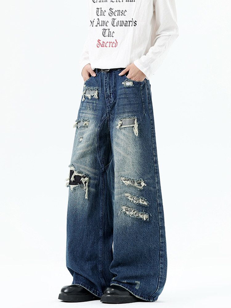 Vintage Men's American Retro Patchwork Distressed Ripped Jeans Size US 32 / EU 48 - 2 Thumbnail