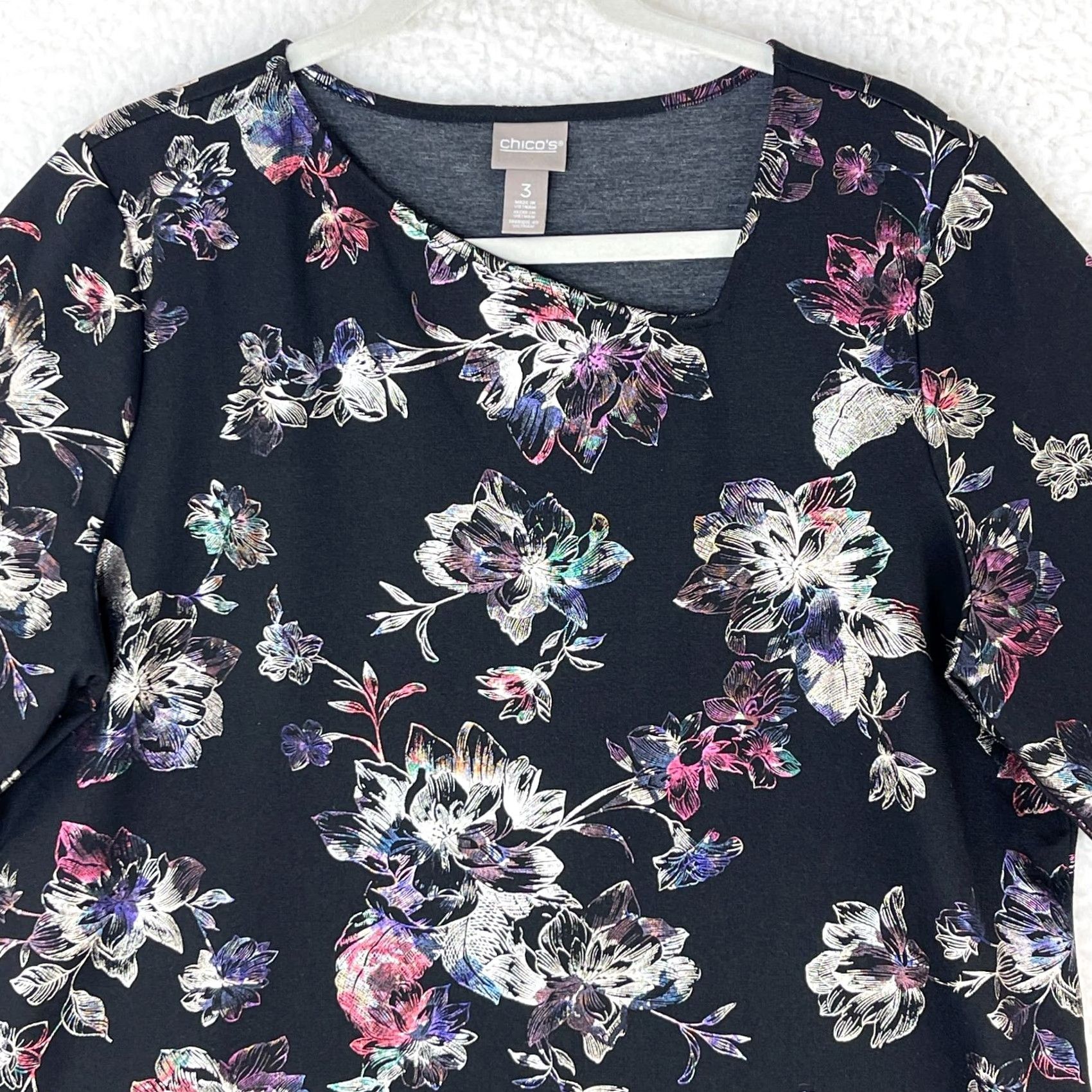 Vintage Chico's Romance Shine Floral Asymmetrical-Neck Ponte Top Womens XL Black Shirt Size XL / US 12-14 / IT 48-50 - 3 Thumbnail