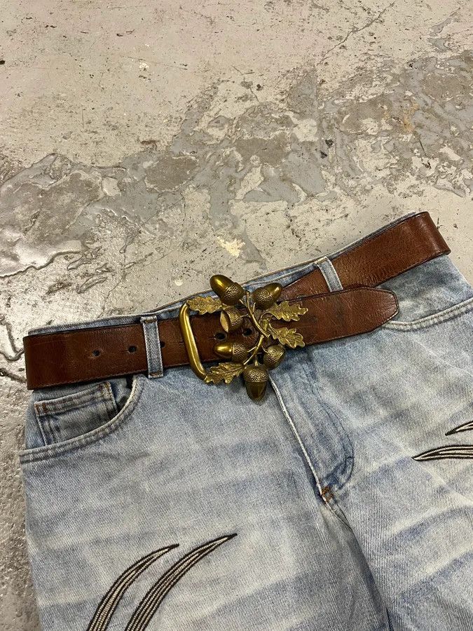 Designer × Dsquared2 × Vintage 2000s Dsquared2 Nuts & Leaves Bucke Brown Leather Belt Size ONE SIZE - 8 Thumbnail