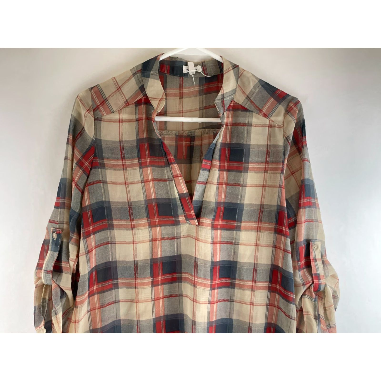 Vintage TeenBell Shirt Women's Medium T-Shirt Plaid 3/4 Sleeve Red Tan Blue Semi Sheer Casual Fall Modern Womens Size M / US 6-8 / IT 42-44 - 3 Thumbnail