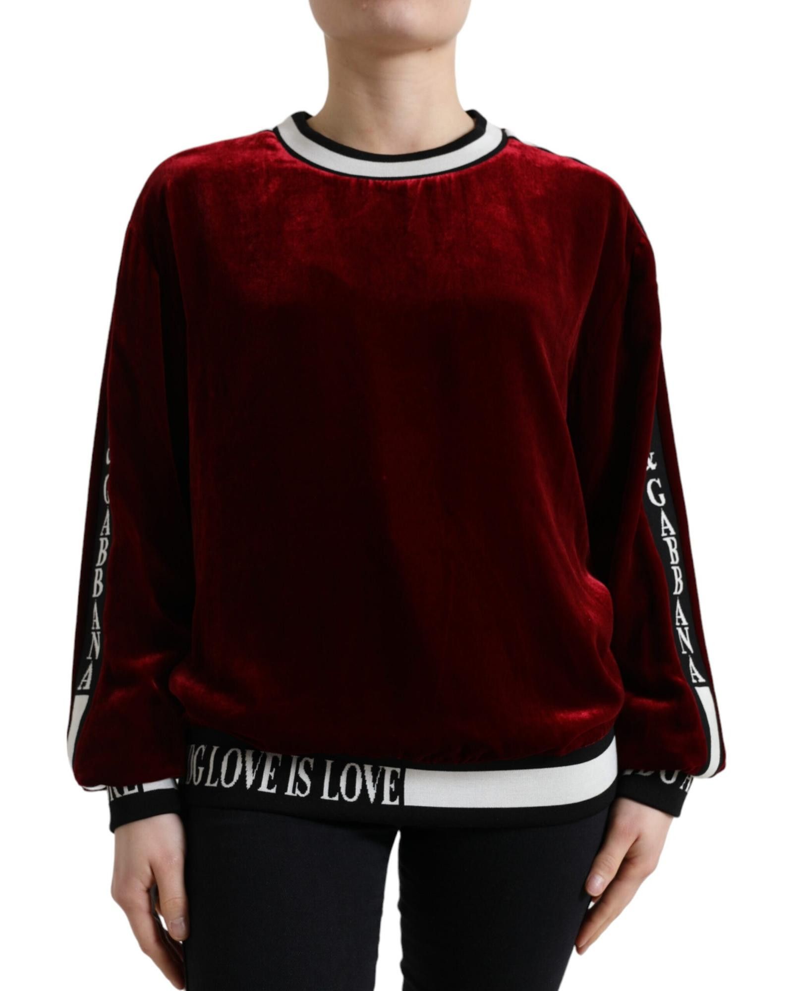 Image of Dolce Gabbana Burgundy Velvet Crew Neck Pullover Sweater in Bordeaux, Women's (Size XS)