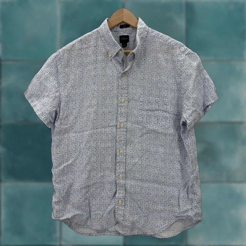 J.Crew J. Crew Shirt Mens Large Blue Geometric Print Linen Short Sleeve Button Up Slim Size US L / EU 52-54 / 3 - 1 Thumbnail