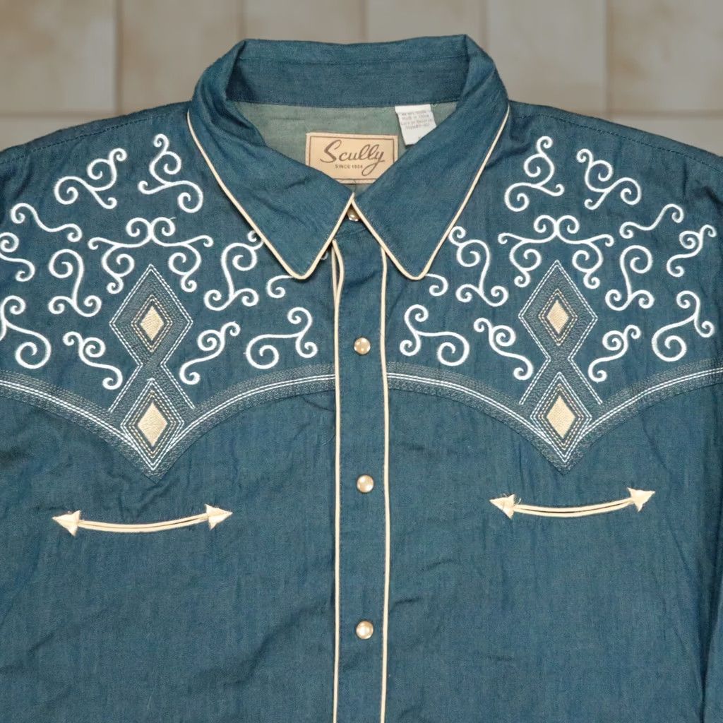 Scully VINTAGE Scully Shirt Mens XL Blue Western Pearl Snap Smile Pocket Cowboy Long Sleeve Size US XL / EU 56 / 4 - 1 Thumbnail