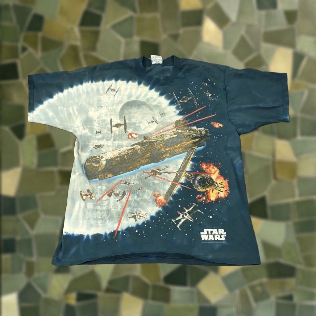 VINTAGE Star Wars T-Shirt Men's Large Cotton Space Sci-Fi 90s Battle Graphic Liquid Blue