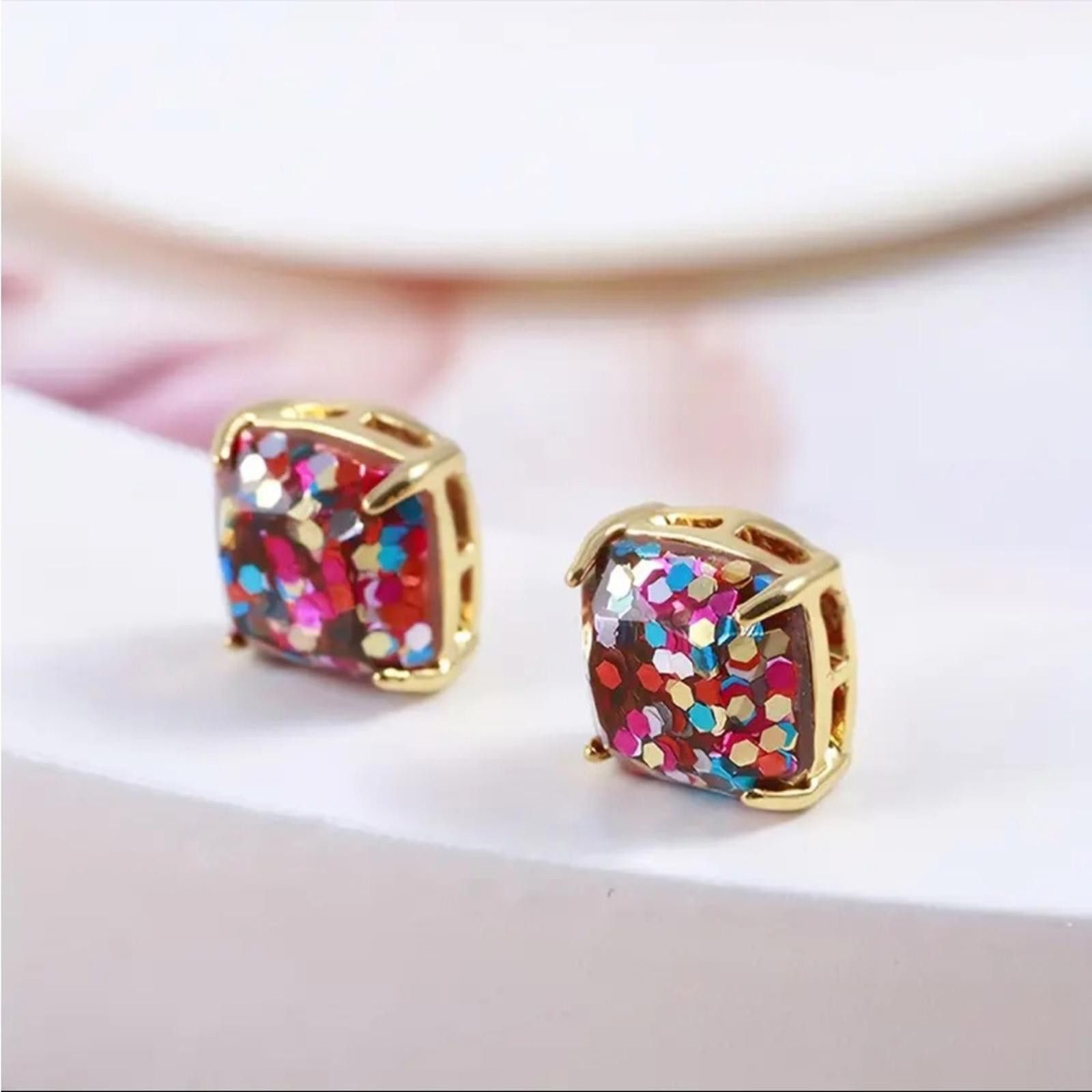 Designer Confetti Glitter Stud Earrings Gold Toned Multicolored Size ONE SIZE - 1 Thumbnail