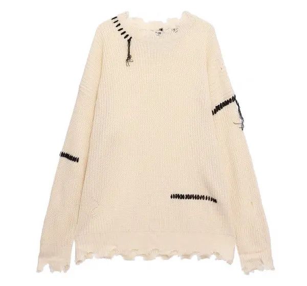 VIBE Korean fashion beige distressed knit sweater knitwear Size US L / EU 52-54 / 3 - 8 Thumbnail