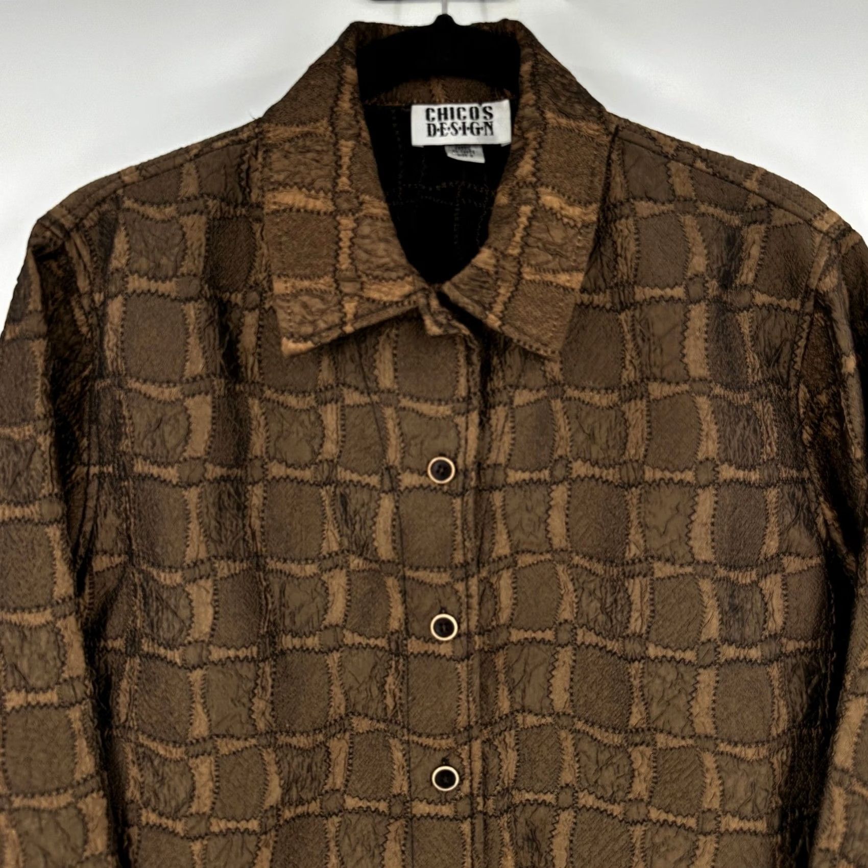 Vintage Chico'S Earthy Textured Grid Button Front Jacket S 0 Brown Size S / US 4 / IT 40 - 2 Thumbnail