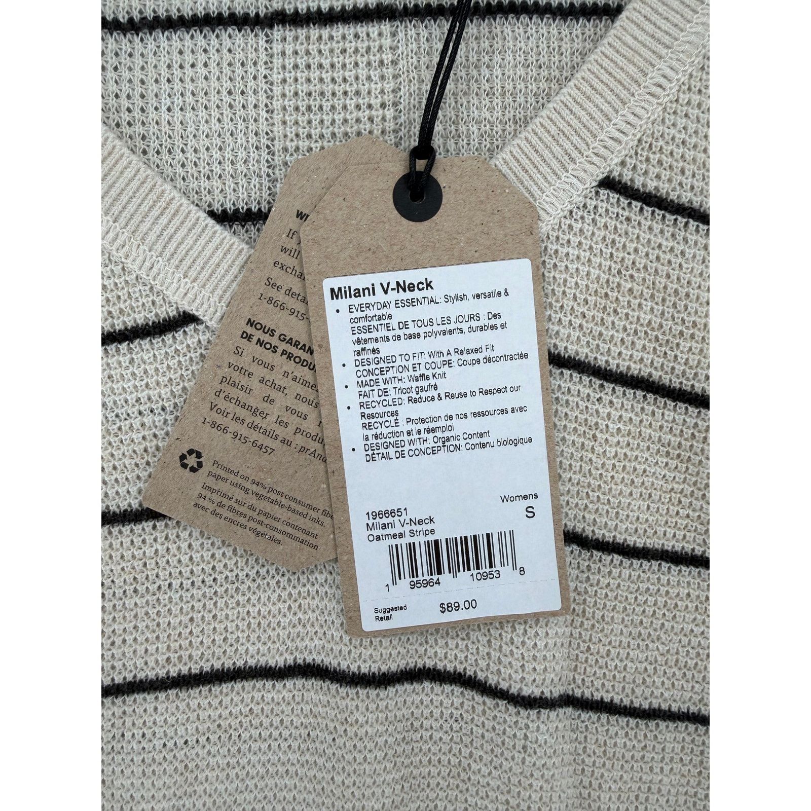 Prana NWT prAna Oatmeal Stripe Milani V-Neck Sweater Size SMALL Size S / US 4 / IT 40 - 2 Thumbnail