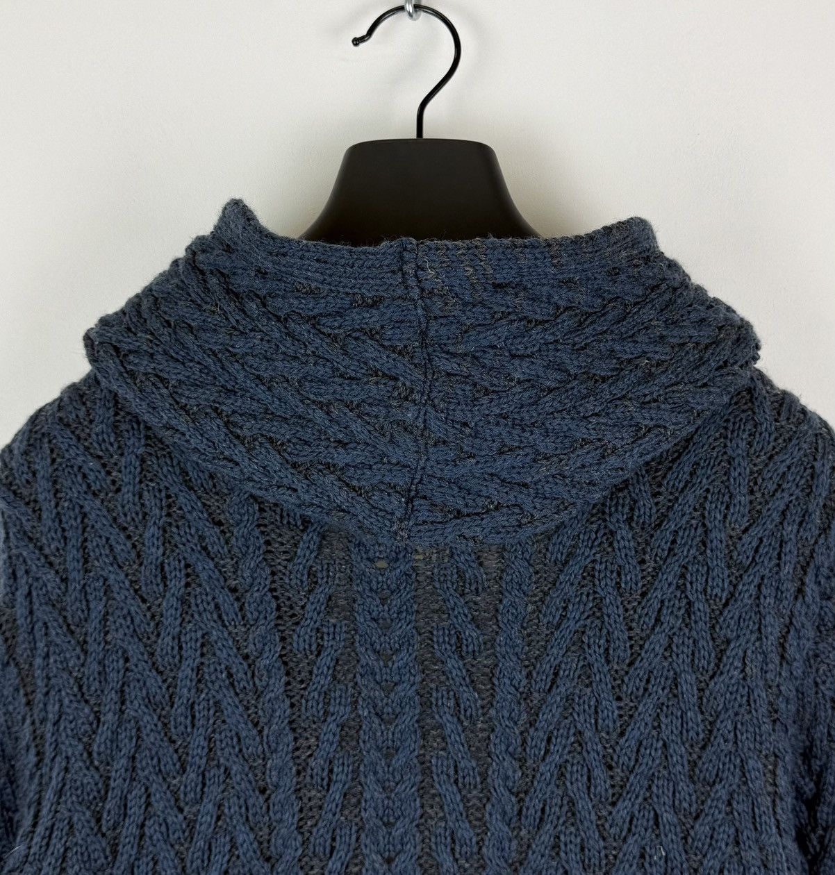 Loro Piana Aran Mor Herringbone Shawl Hood Cardigan Sweater Blue Wool Size L / US 10 / IT 46 - 12 Thumbnail