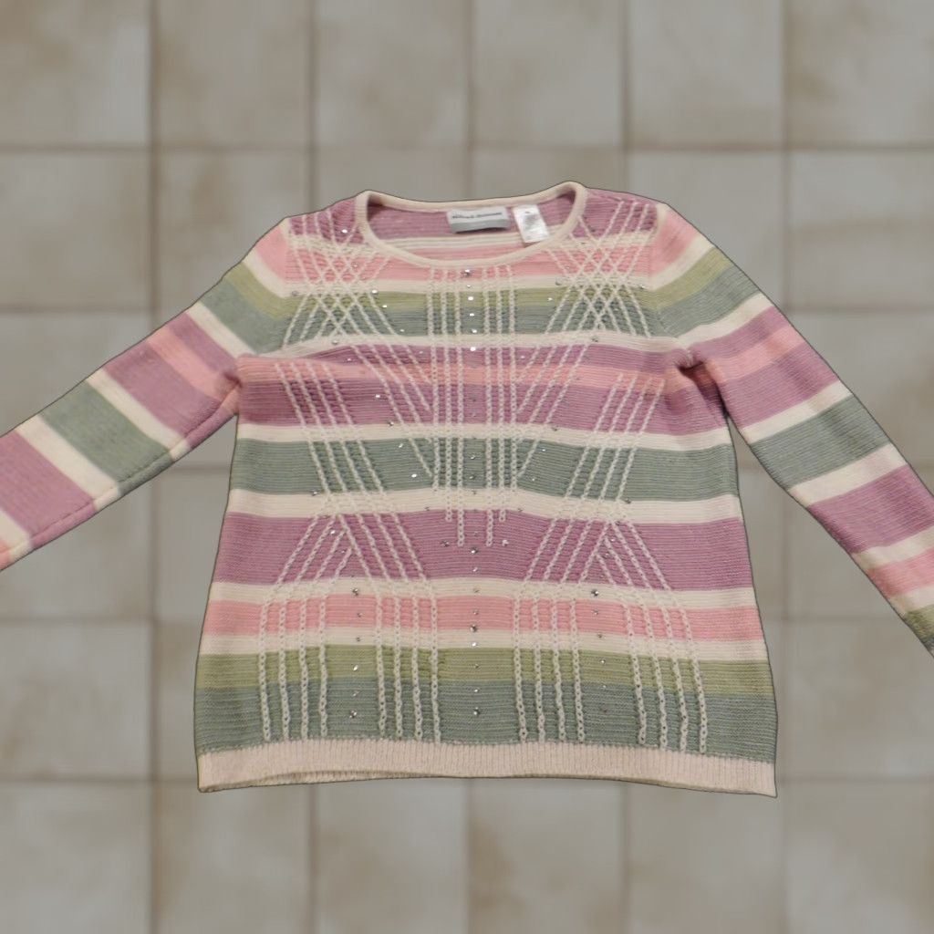 Vintage Alfred Dunner Womens Sweater PS Petites Pink Crewneck Striped Cap Sleeve Long Sleeve Pullover Knit Size S / US 4 / IT 40 - 1 Thumbnail