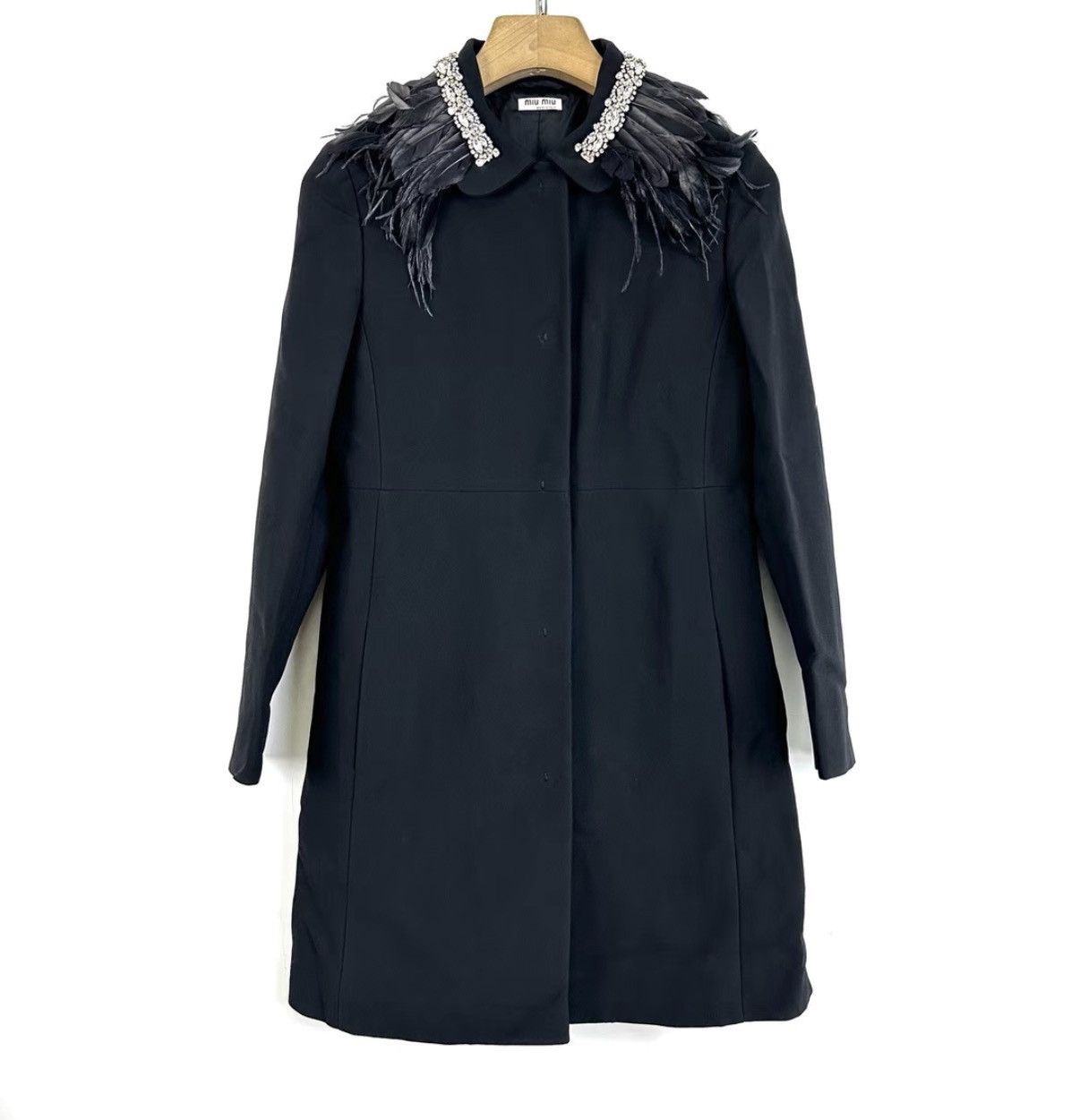 Miu Miu Miumiu Black Heavy Duty Crystal Feather Mid-Long Coat K12 Size S / US 4 / IT 40 - 1 Thumbnail