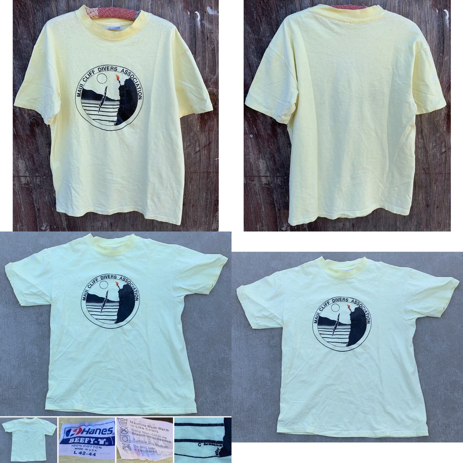 Hanes VINTAGE Maui Cliff Divers Association T Shirt Graphic Tee Single Stitch Size L Mens Yellow 100% Cotton Hanes Beefy-T Hawaii Nature 80s 90s Size US L / EU 52-54 / 3 - 8 Thumbnail