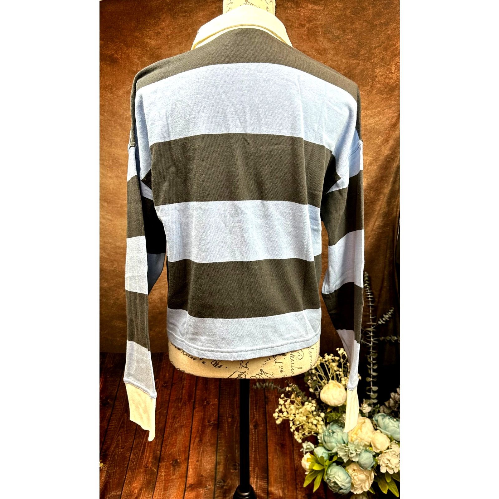 Other Aerie Striped Cropped Long Sleeve Collared Top Blue Black L Size L / US 10 / IT 46 - 8 Thumbnail