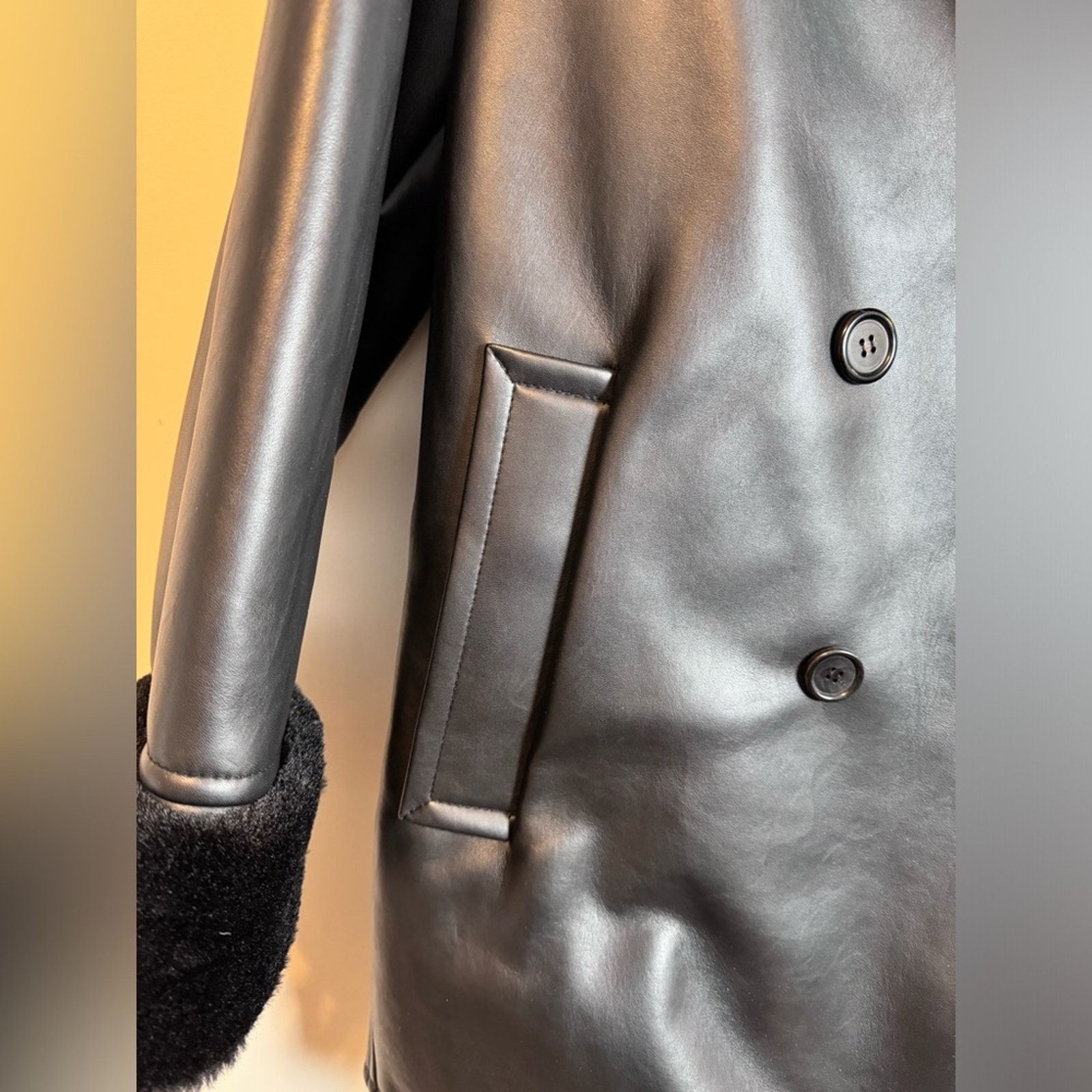 SSENSE DRAE Double-Breasted Black Faux-Leather Coat - Size 36 Size S / US 4 / IT 40 - 7 Thumbnail