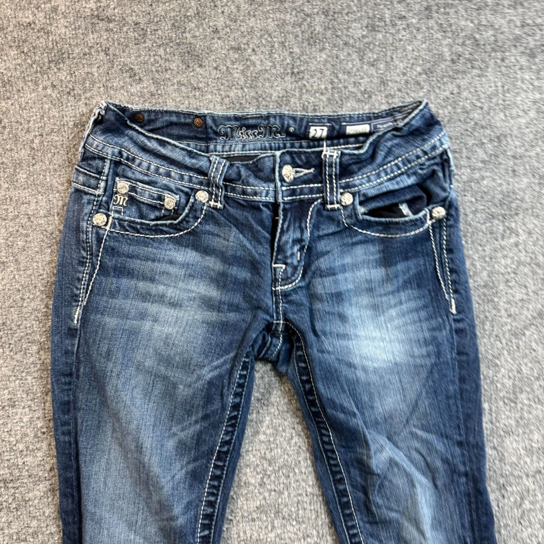 VINTAGE Miss Me Women's Bootcut Jeans 26x27 Low Rise Stretch Blue Embellished Flap Pockets Y2K