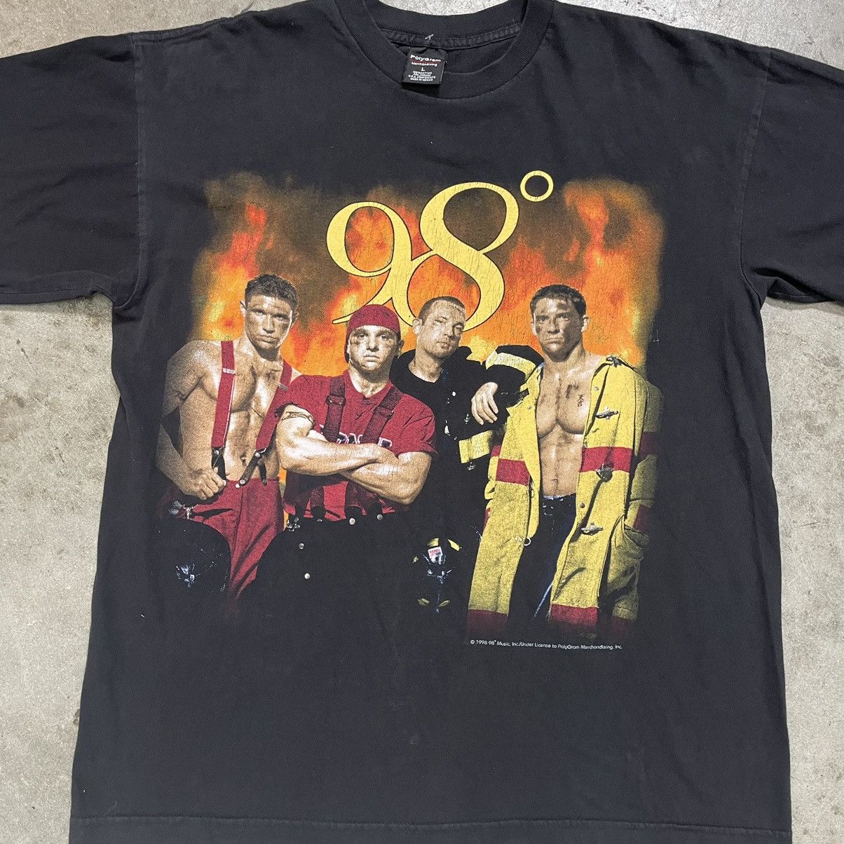 image of Band Tees x Rap Tees 98 Degrees Vintage 90's Band Tee Fireman Graphic in Black, Men's (Size Large)