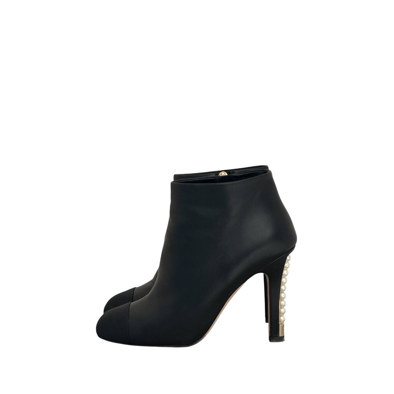 Chanel Chanel Black Leather Pearl Heel Ankle Boots Sz 38.5 Size US 7.5 / IT 37.5 - 1 Thumbnail