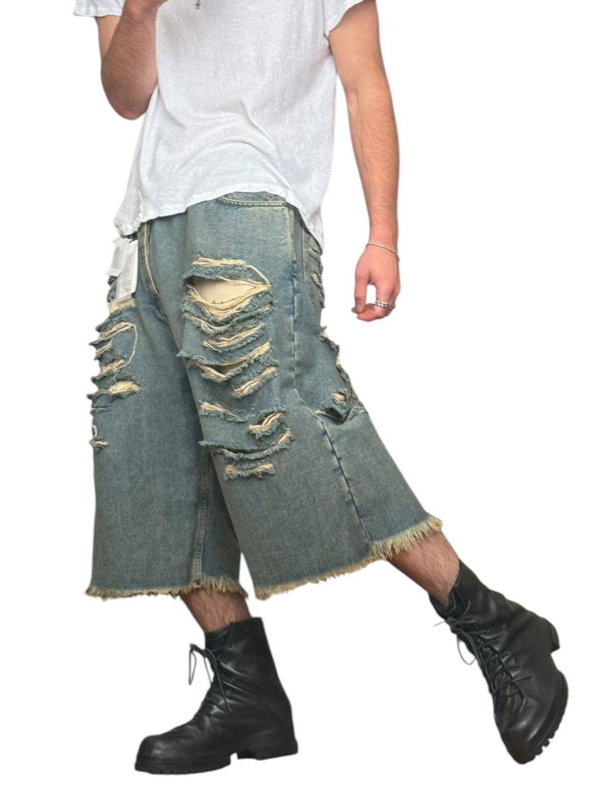 424 Rare Big Daddy Thrashed Ripped Denim Short Size US 36 / EU 52 - 5 Thumbnail