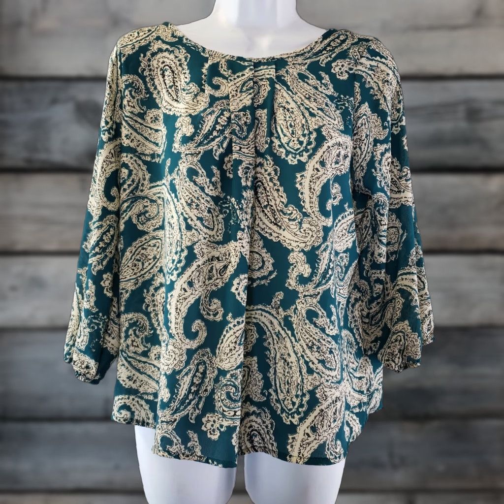 Vintage Papermoon for Stitch Fix Womens Top M Teal Beige Paisley 3/4 Sleeve Blouse Shirt Womens Size M / US 6-8 / IT 42-44 - 1 Thumbnail