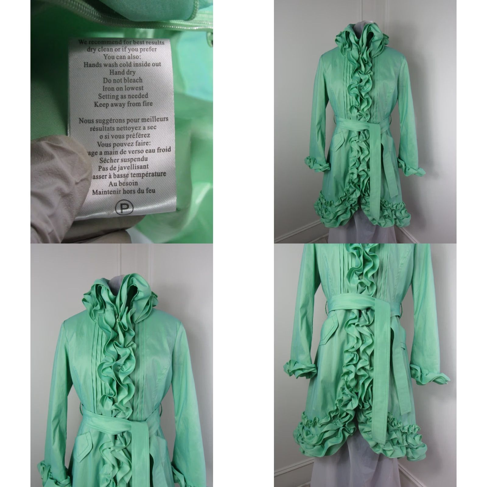 Vintage VINTAGE Samuel Dong Mint Green Ruffled Nylon Taffeta Belted Dress Coat - Medium Size M / US 6-8 / IT 42-44 - 8 Thumbnail