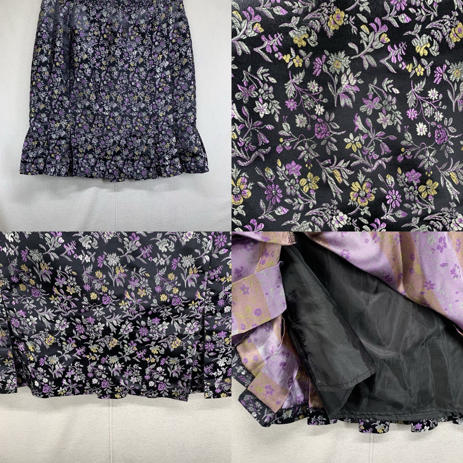 Gloverall ICE Women Skirt 14 Short Mini Purple Black All Over Floral Gothic Maleficent Zip Dry Clean Only Satin Nylon Polyester Vintage No Size 36" / US 14 / IT 50 - 9 Thumbnail