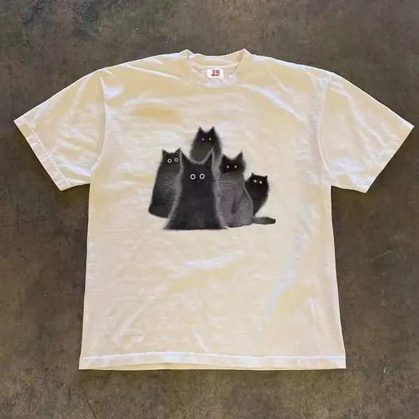 Designer Kokubu x Misa White retro casual cute cat print cotton tee Size US L / EU 52-54 / 3 - 3 Thumbnail