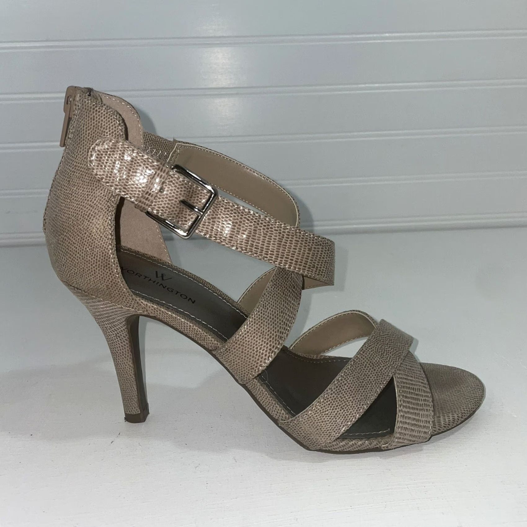Worthington Worthington Cari Taupe High Heeled Sandal Women Size 7 M Zipper Back Open Toe Snakeskin Pattern Stiletto Heel 3.5 in Party/Cocktail Shoes Size US 7 / IT 37 - 4 Thumbnail