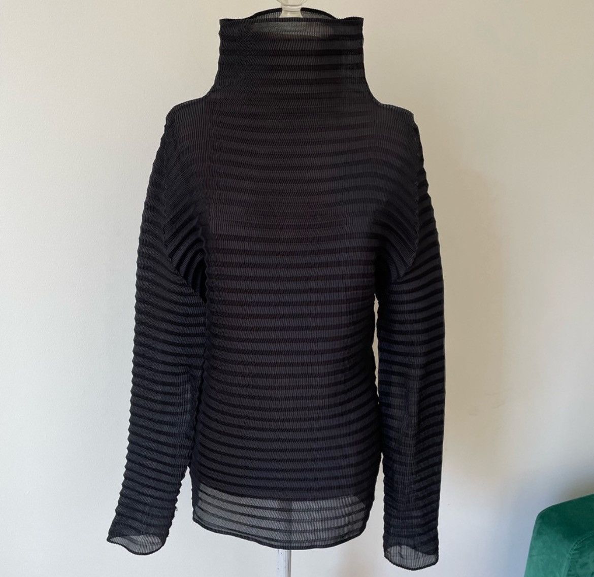 image of Issey Miyake Vintage Mock Neck Semi Sheer Pleated Top in Black, Women's (Size Medium)