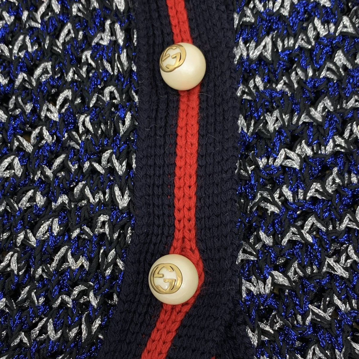 Gucci Navy Blue Striped Lace Pearl Button Knit Cardigan