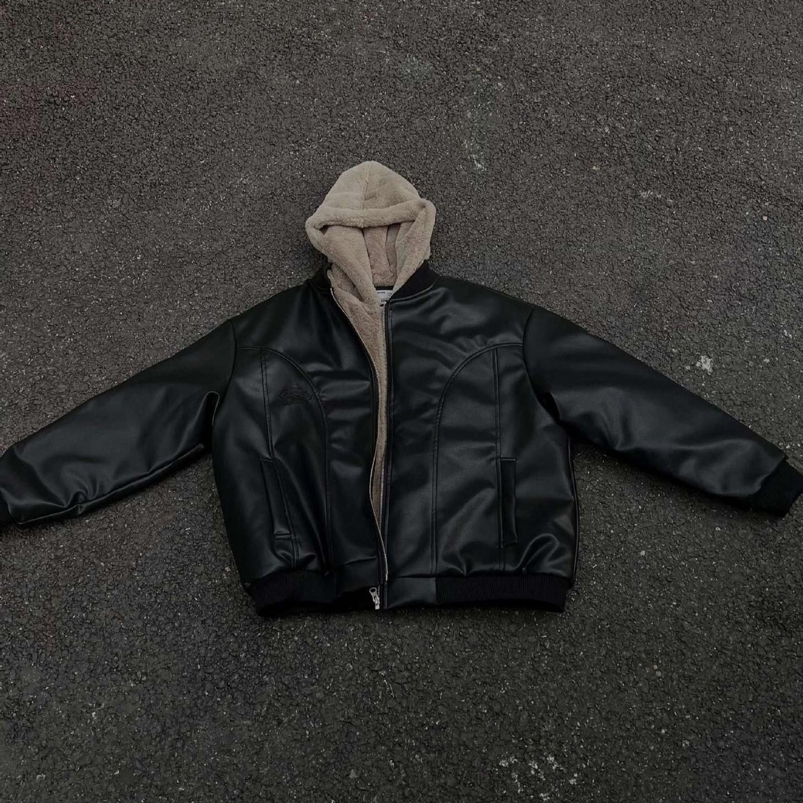Japanese Brand Black Faux Leather Bomber Jacket with Beige Hoodie Size US M / EU 48-50 / 2 - 1 Thumbnail