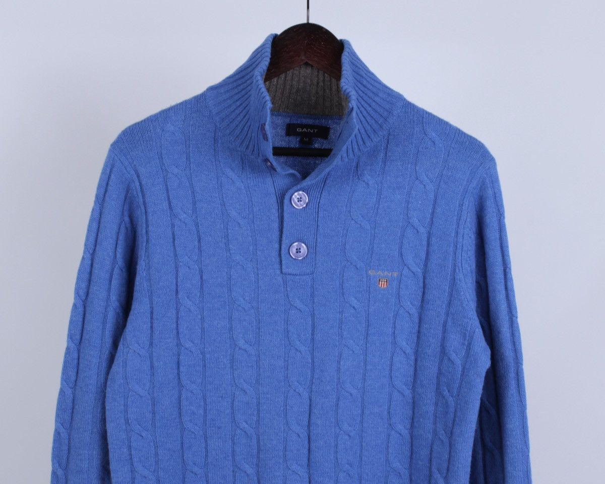 Gant GANT Lambs Wool Cable Knit Blue Button Sweater High Neck Size US M / EU 48-50 / 2 - 2 Thumbnail