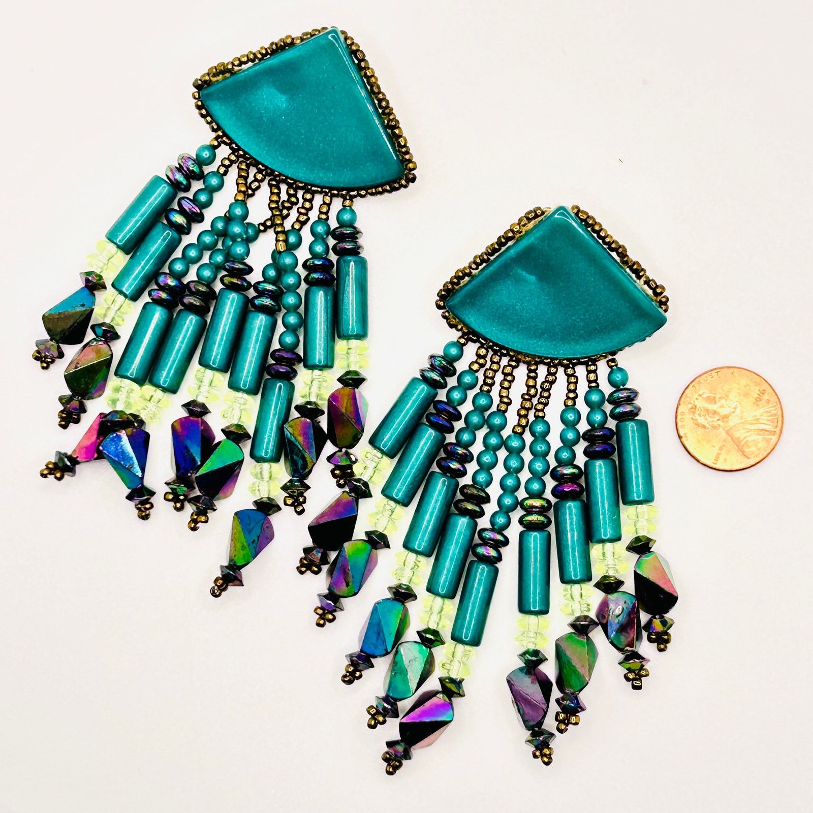Handmade Vintage 80s Teal Turquoise Beaded Fringe Statement Earrings Size ONE SIZE - 6 Thumbnail
