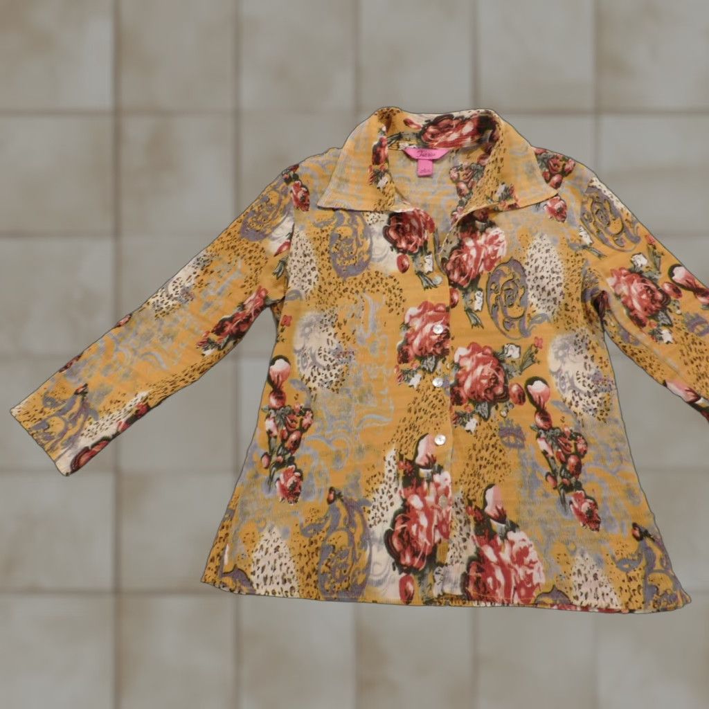 Vintage Fuchsia Womens Blouse Button-Up Short Sleeve Floral Yellow L Regular Cotton? (Note: Original materials mention Polyester/Rayon; no Cotton in original) Size L / US 10 / IT 46 - 1 Thumbnail