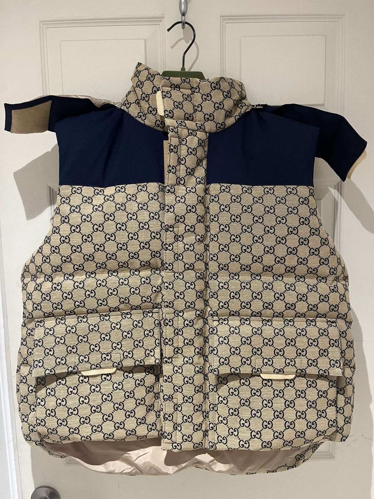 image of Gucci Gg Canvas Down Vest With Detachable Hood in Blue, Men's (Size Small)