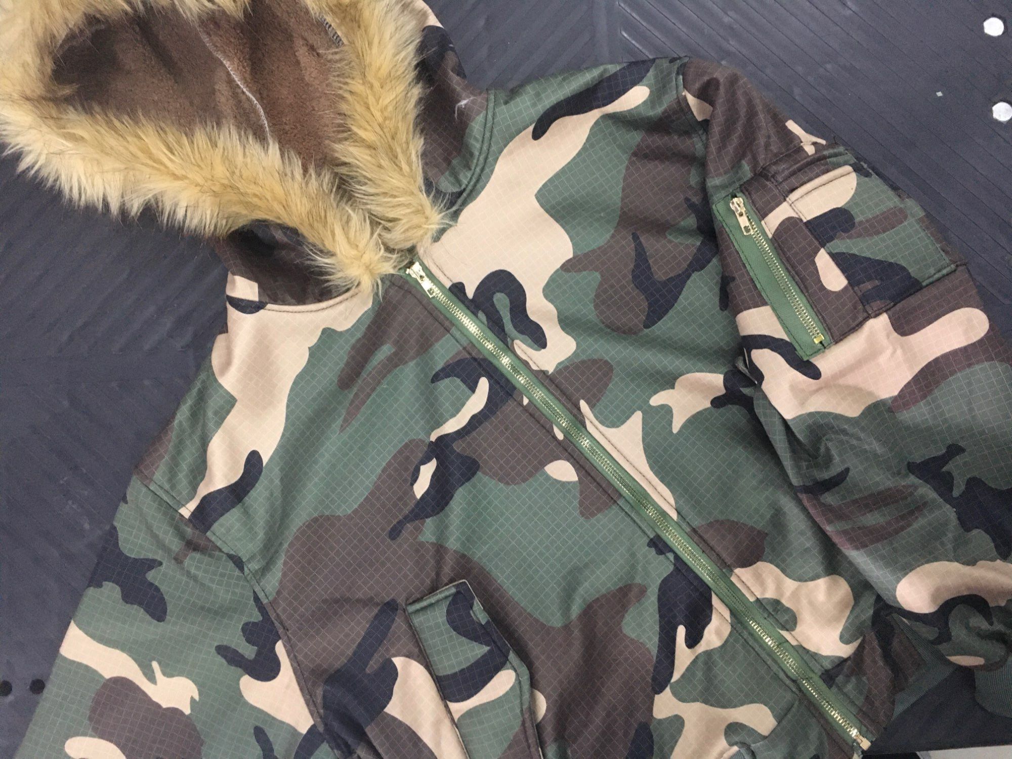 Fur Collar Zipper Hoodie Army Design