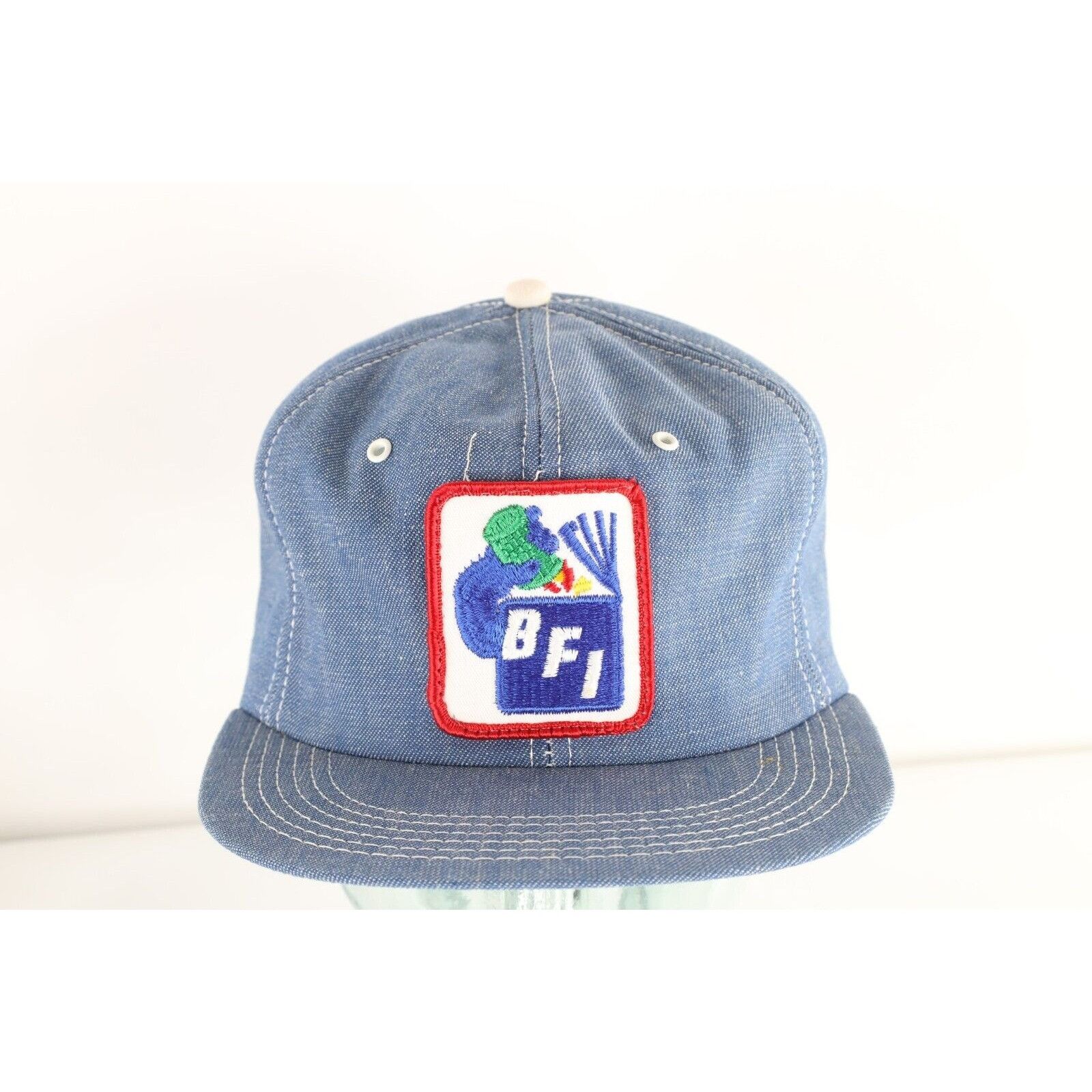 Vintage Vintage 80s K Brand BFI Garbage Can Patch Chambray Denim Hat Size ONE SIZE - 1 Thumbnail