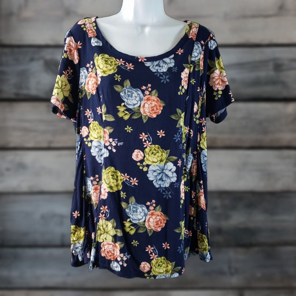 Torrid Torrid Blouse Shirt Short Sleeve Floral Stretch Challis Top Blue Green Size L Adults Womens Size L / US 10 / IT 46 - 1 Thumbnail