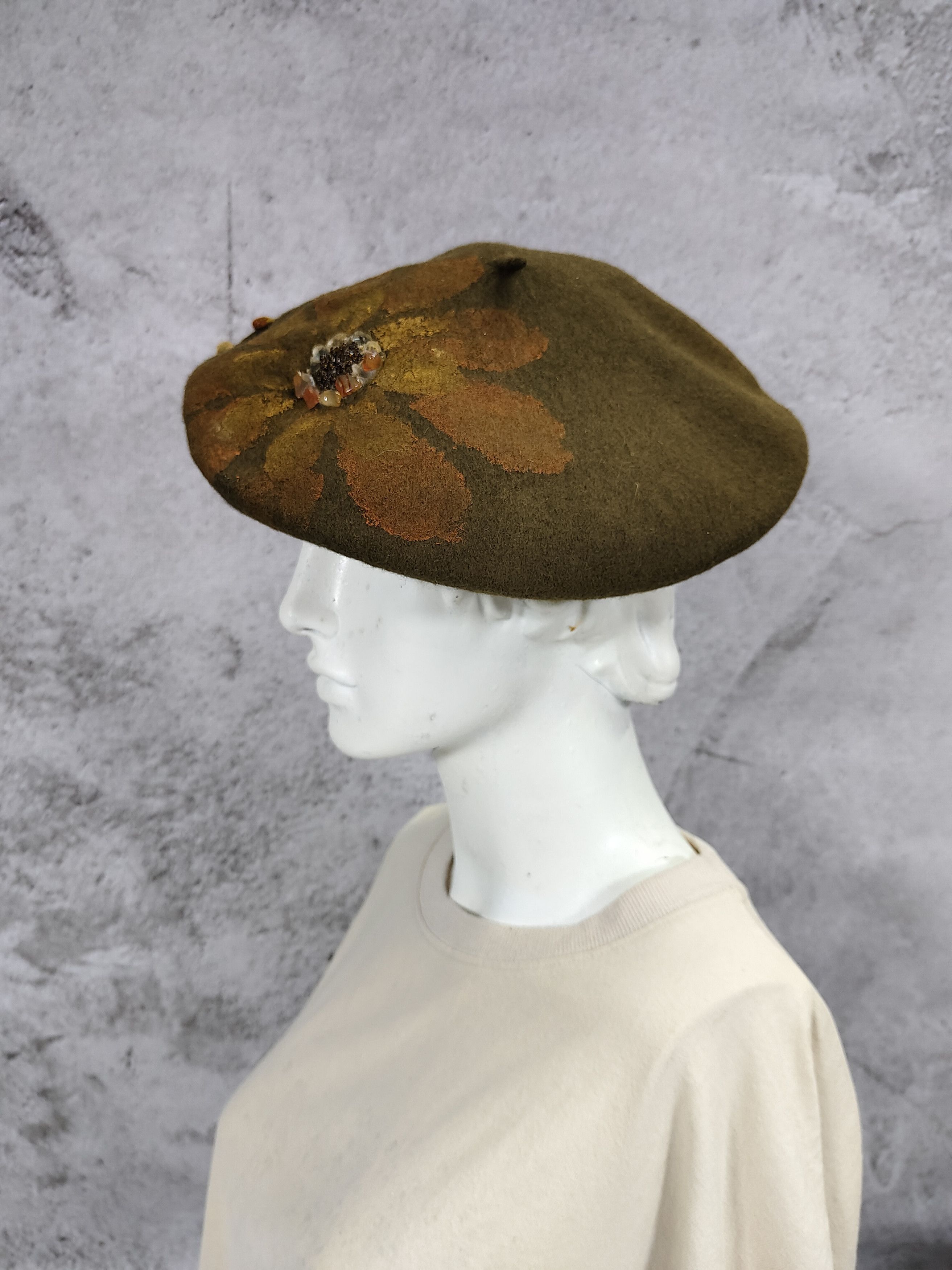 Vintage 90s COMPLIT🇮🇹 Hand Painted Floral Beaded Artisan Beret Hat Size ONE SIZE - 3 Thumbnail