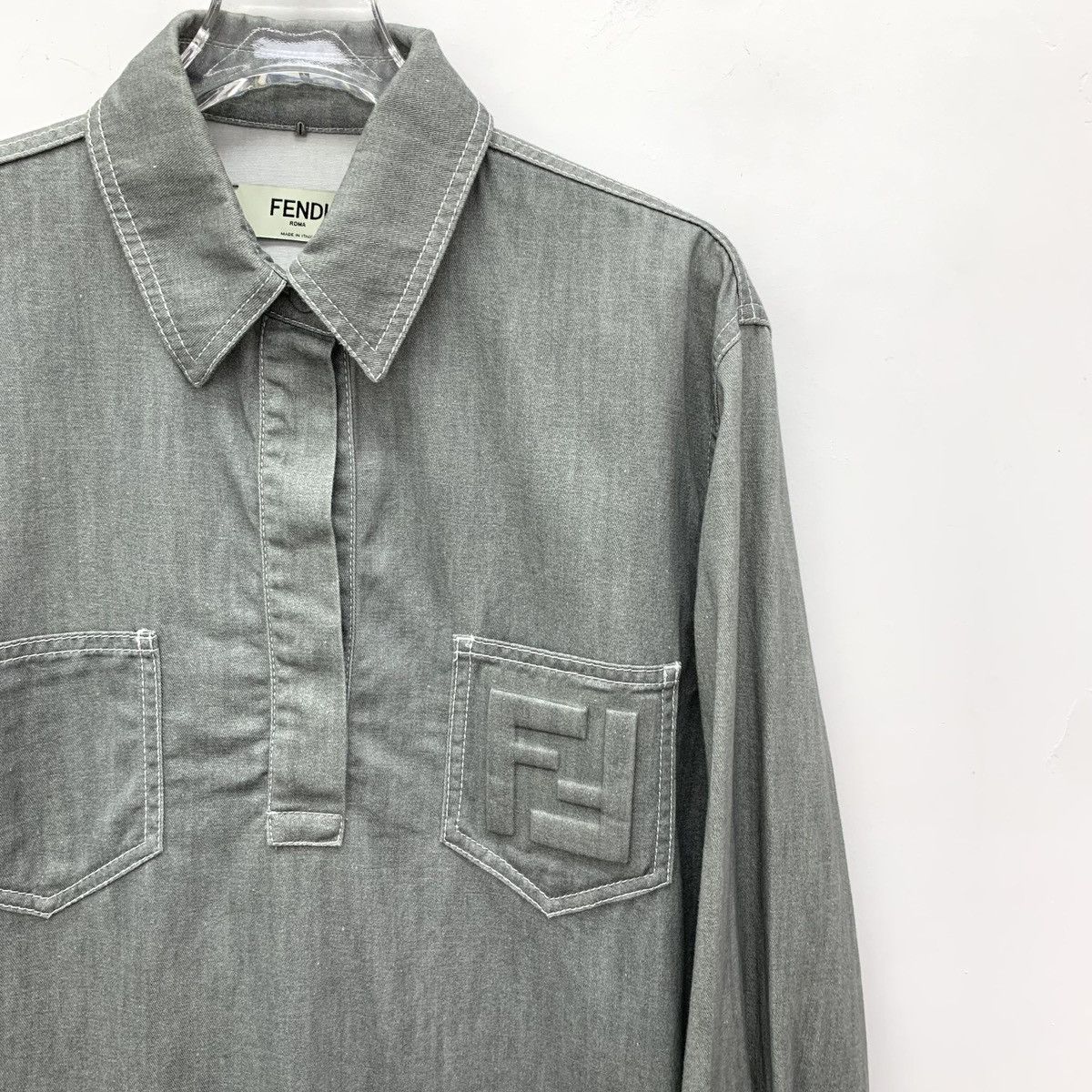 Fendi Fendi Gray-Green Logo Embossed Long Sleeve Denim Shirt K26WX Size US L / EU 52-54 / 3 - 3 Thumbnail