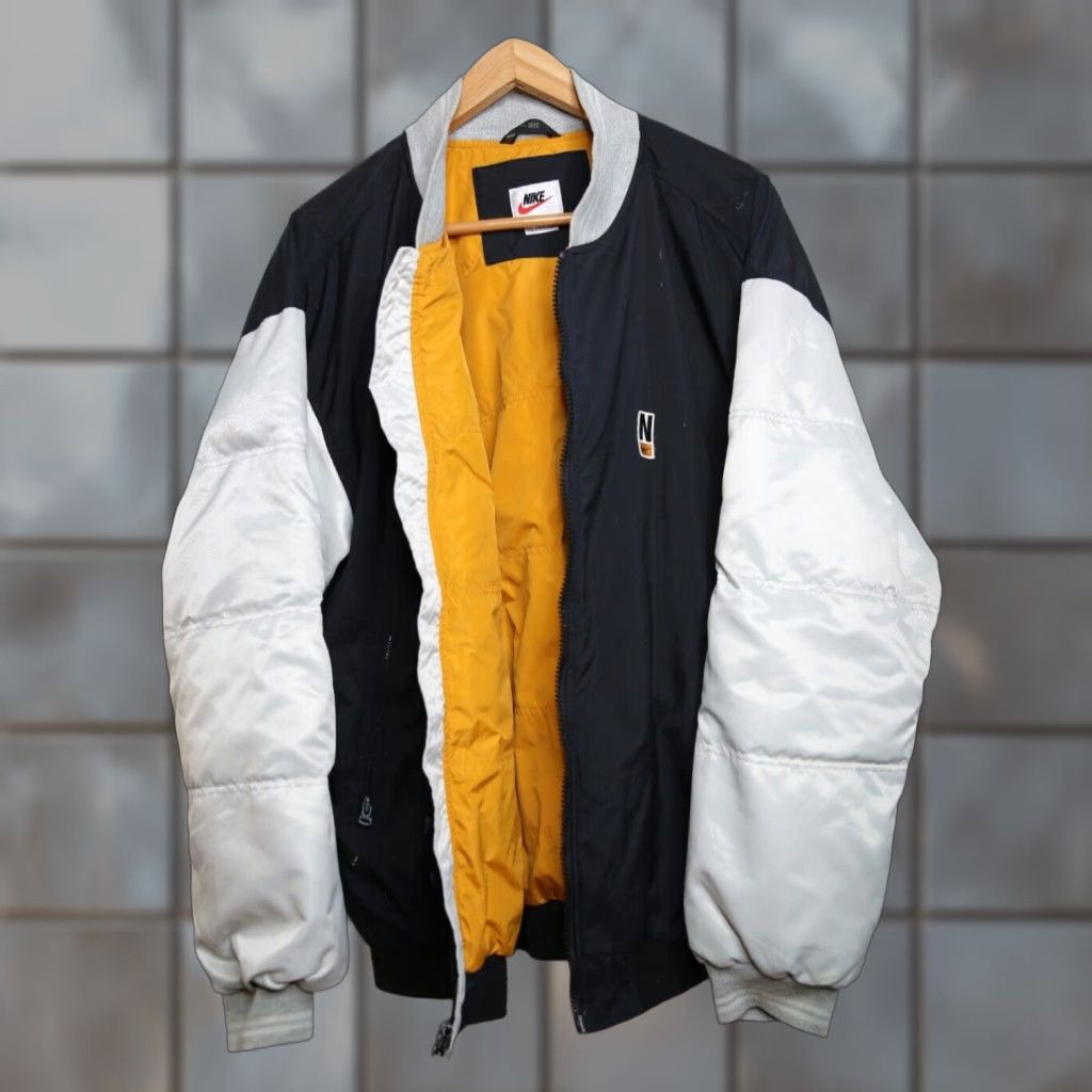 VINTAGE Nike Jacket Puffer Coat 2XL Black Logo Big Swoosh Nylon Zip Hooded Reversible Mid-Length Men’s 90s Vintage Theme кам
