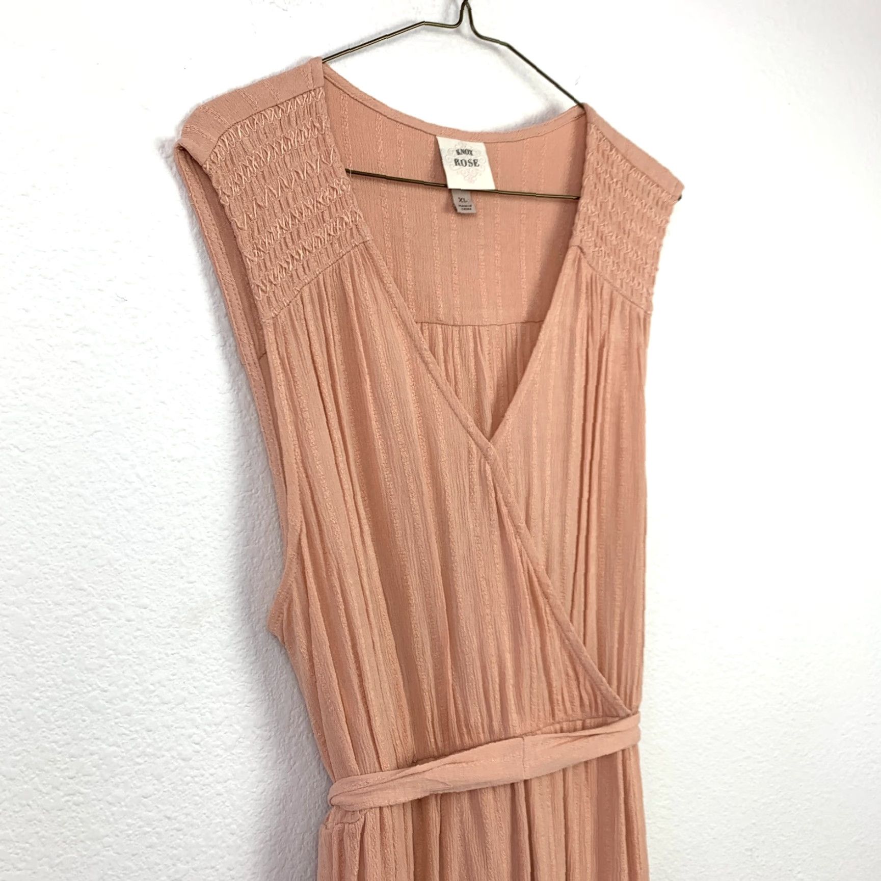 Vintage Knox Rose Maxi Dress Womens XL Peach V-Neck Smocked Faux Wrap Sleeveless Sundress Tank Dress, Light Wash Wear, Spring Summer, Regular Size XL / US 12-14 / IT 48-50 - 2 Thumbnail