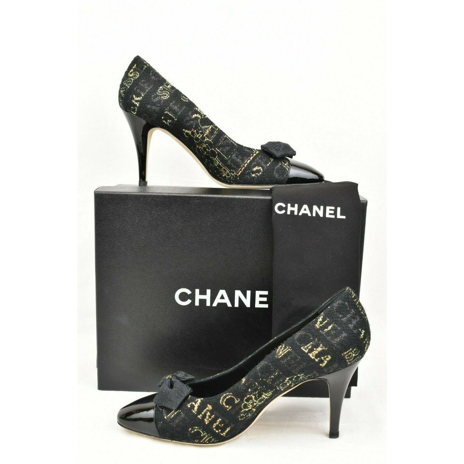 Chanel BLACK G31387 TWEED PATENT LEATHER CAP TOE LOGO BOW PUMPS 40 Size US 10 / IT 40 - 1 Thumbnail