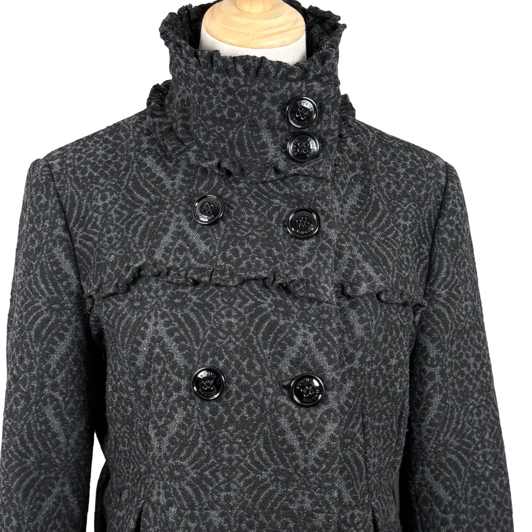 Steve Madden Steve Madden Womens L Pea Coat Grey Black Damask Ruffle Funnel Neck Wool Blend Coat Women L Gray Charcoal Size L / US 10 / IT 46 - 5 Thumbnail