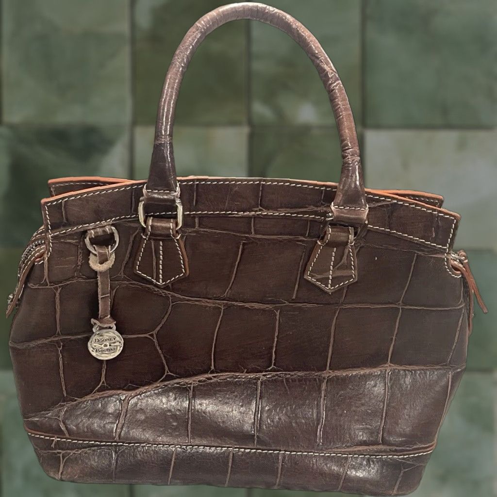 Dooney & Bourke VINTAGE Dooney & Bourke Italian Handbag Large Brown Croc Embossed Leather Zip Closure Womens Size ONE SIZE - 1 Thumbnail