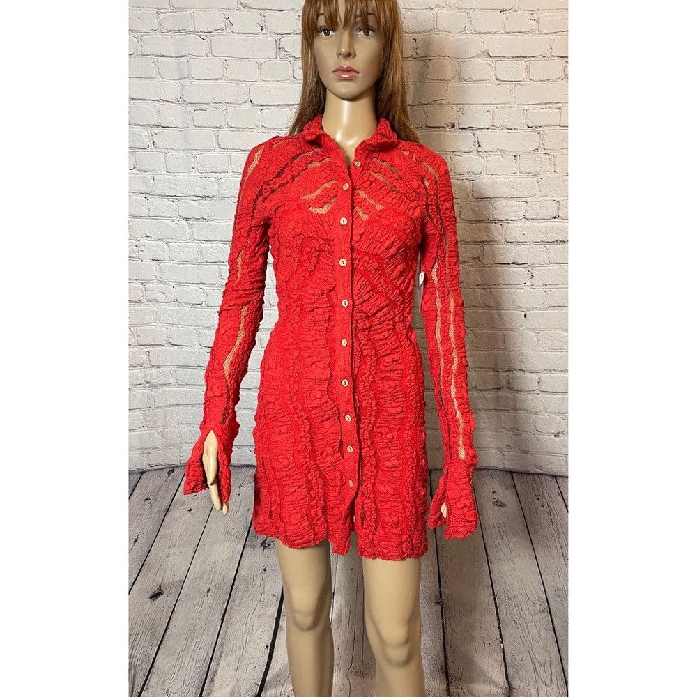 Free People NWT New $158 Free People Red Shayla Lace Long Sleeve Cotton Size XS / US 0-2 / IT 36-38 - 3 Thumbnail
