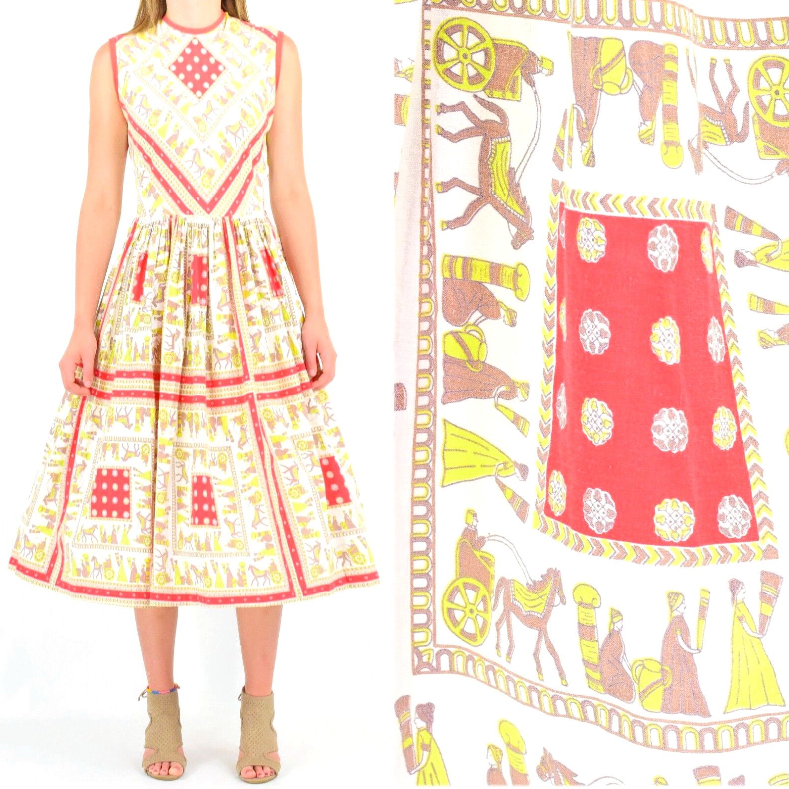 image of 50S Vintage Novelty Print Tea Dress A Line Sleeveless Size S 4/6 Coral in White, Women's