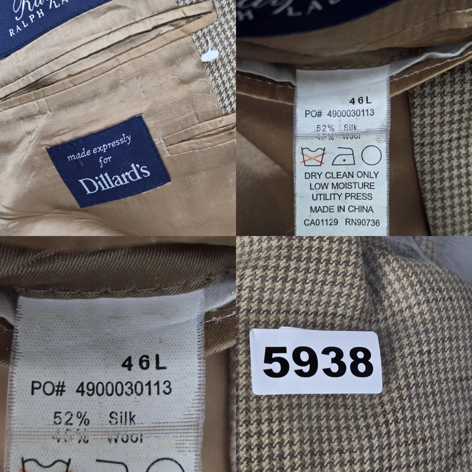 Ralph Lauren Ralph Lauren Blazer Mens 46 Long Tan Houndstooth Silk Wool Sport Coat Dillard's Size 46R - 9 Thumbnail