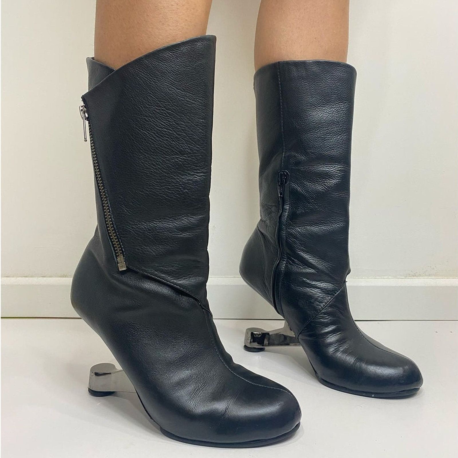 UNITED NUDE Archive Eamz Heel Mid Calf Leather Boots Size US 7 / IT 37 - 6 Thumbnail